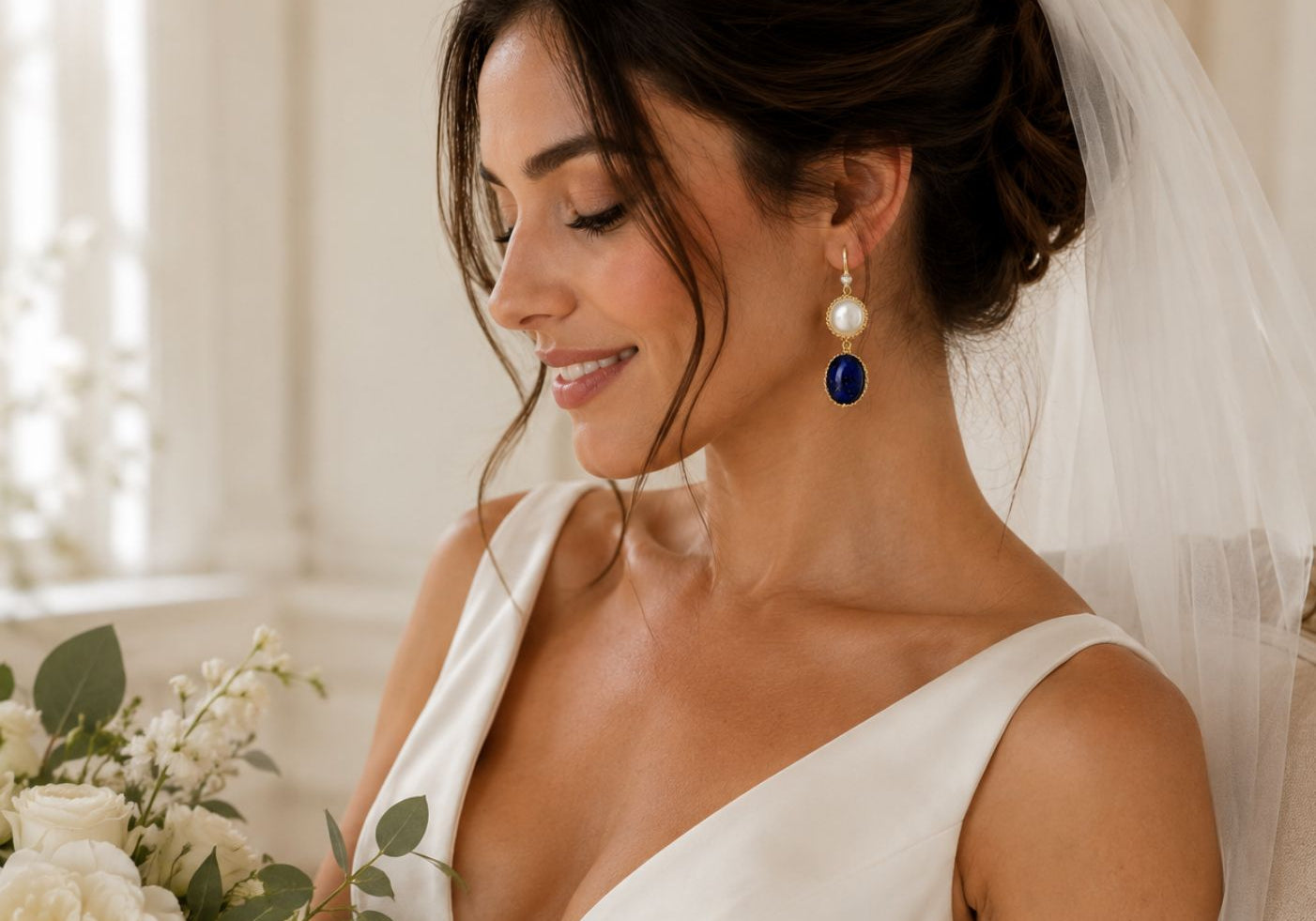 Pearl earring on bride - wedding edit