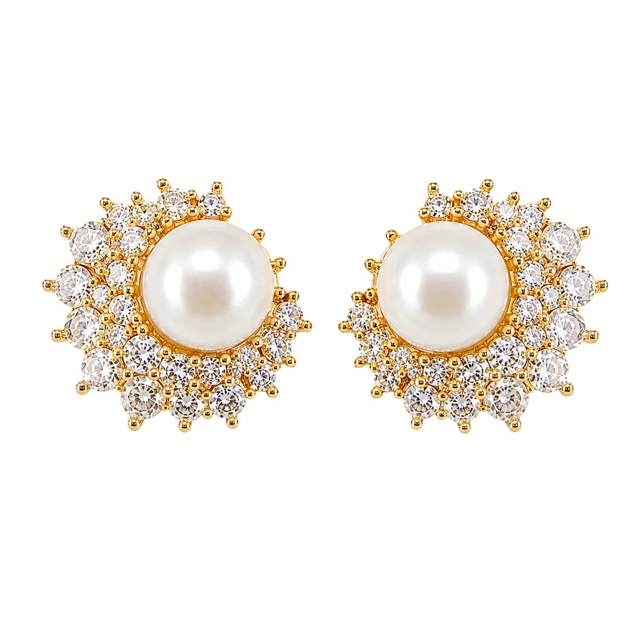 Gold-tone freshwater pearl earrings with round and marquise crystal clusters