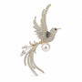 Crystal bird brooch with raised wings, long tail, blue enamel and pearl accent on a white background