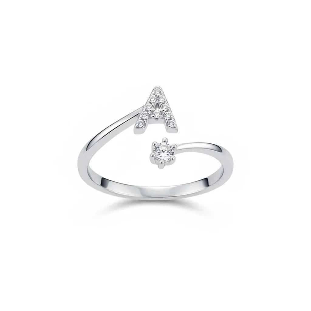 Diamond Initial Letter Silver Ring