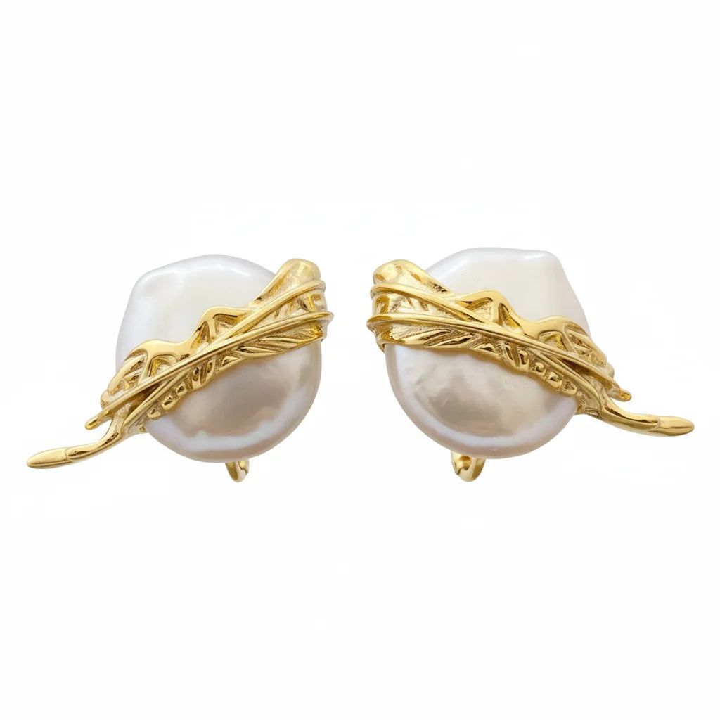 Angel Wings Button Baroque Pearl earrings