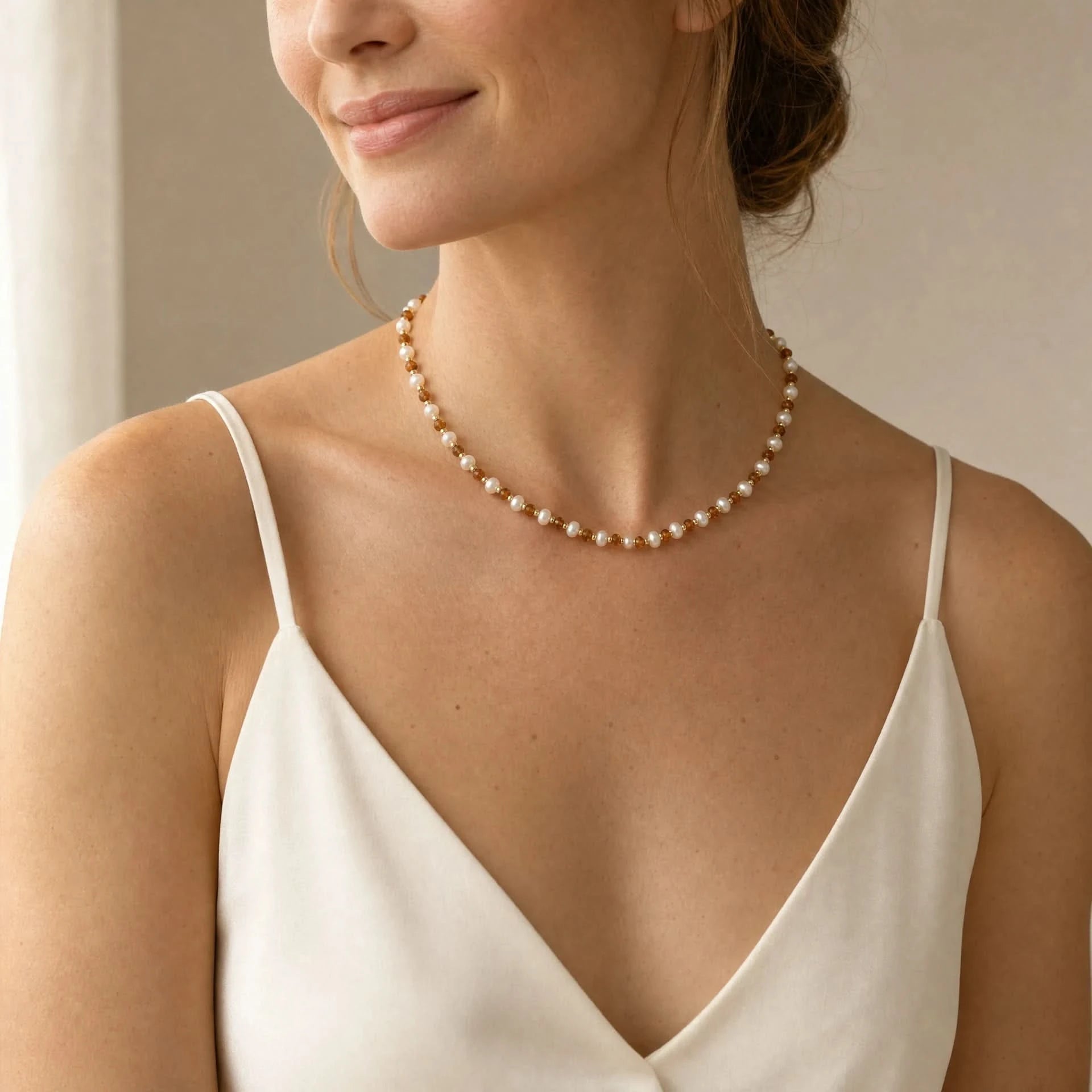 Moonstone and sunstone beaded necklace worn at a three quarter angle
