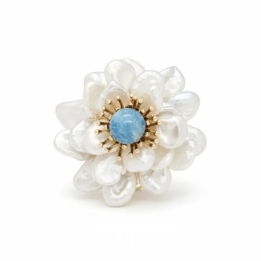 Baroque Pearl Flower Brooch with Blue Stone