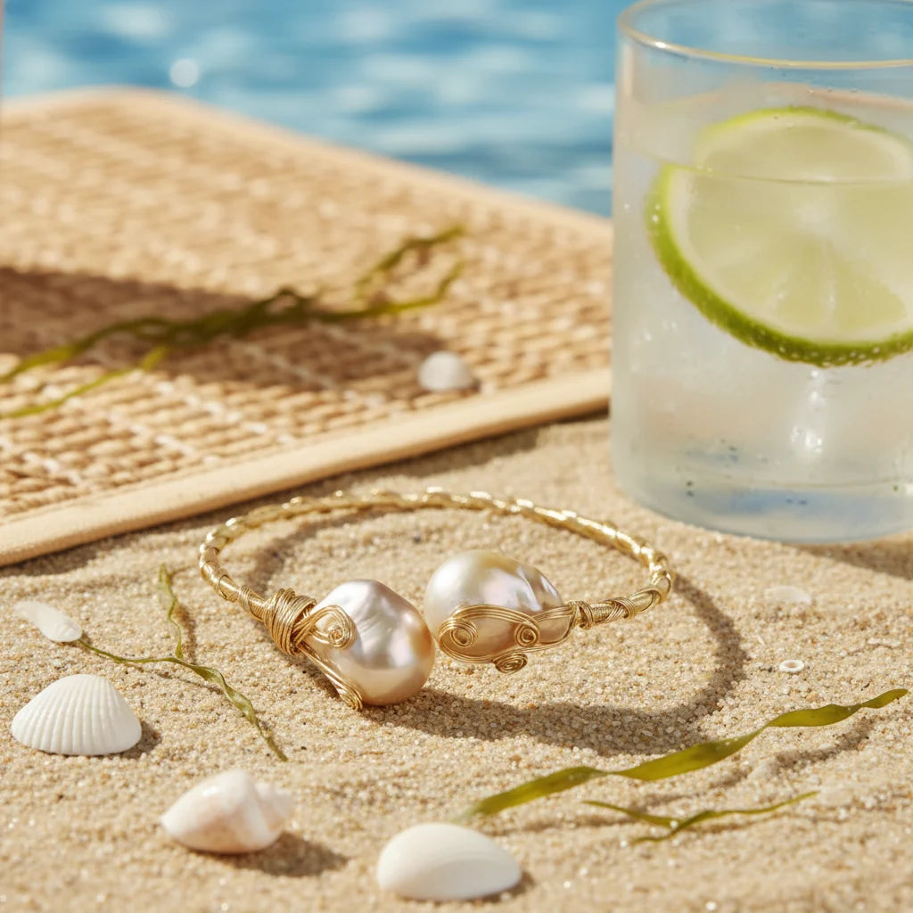 Elegant Baroque Pink Pearls with Gold Threads Bracelet