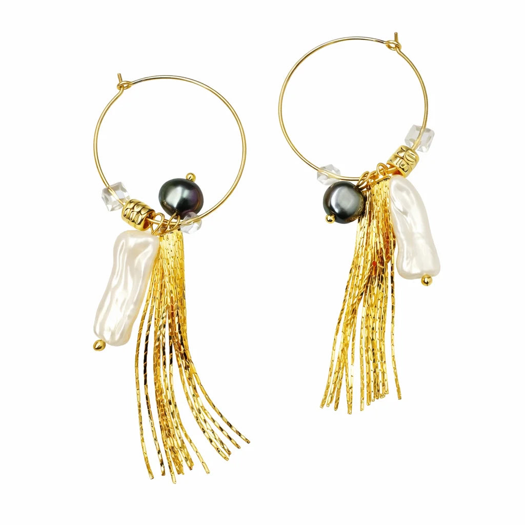 Gold Hoop Baroque Pearl Tassel Earrings