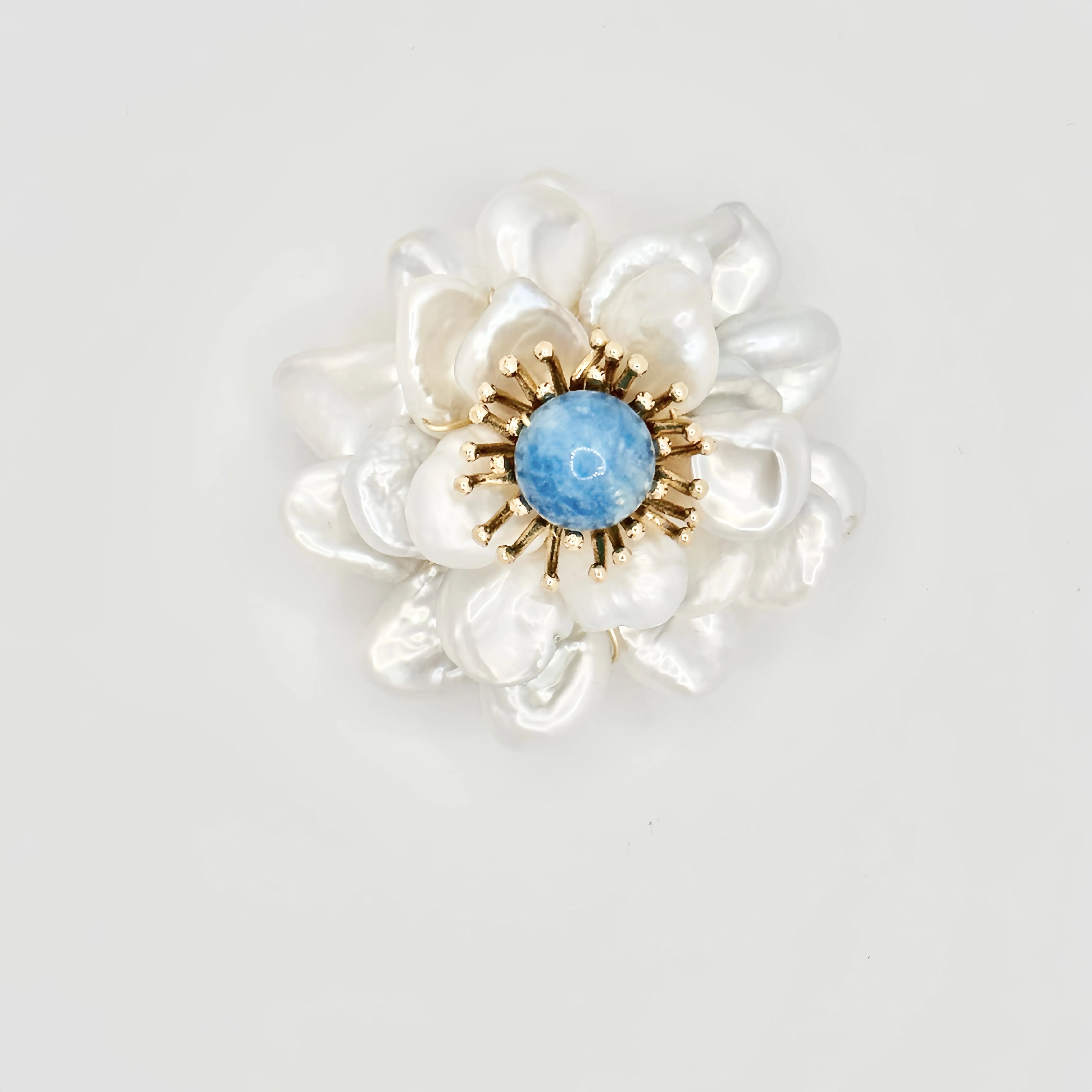 Baroque Pearl Flower Brooch with Blue Stone – Angel Barocco