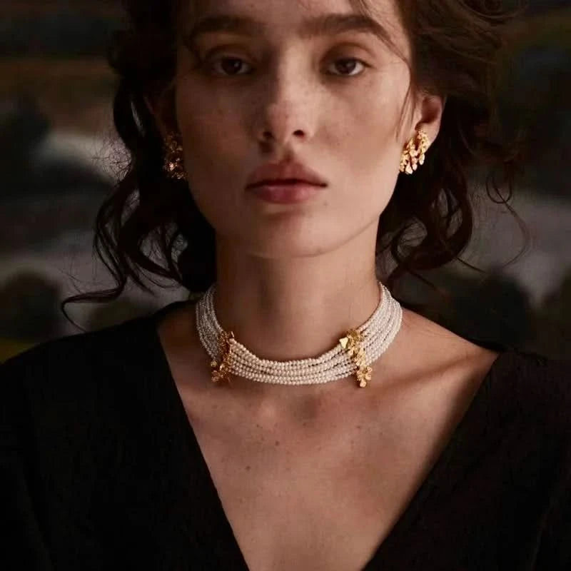 Beaded Multi-Strand Shell Pearl Choker Necklace