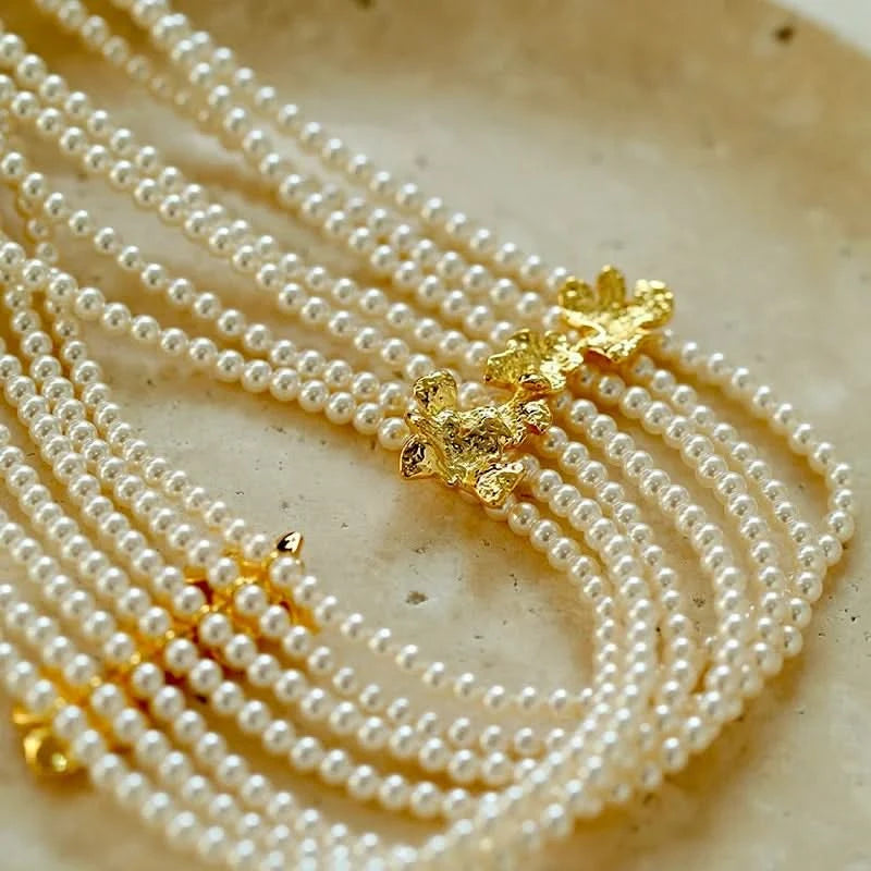 Beaded Multi-Strand Shell Pearl Choker Necklace