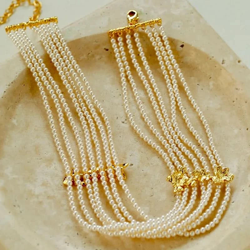 Beaded Multi-Strand Shell Pearl Choker Necklace