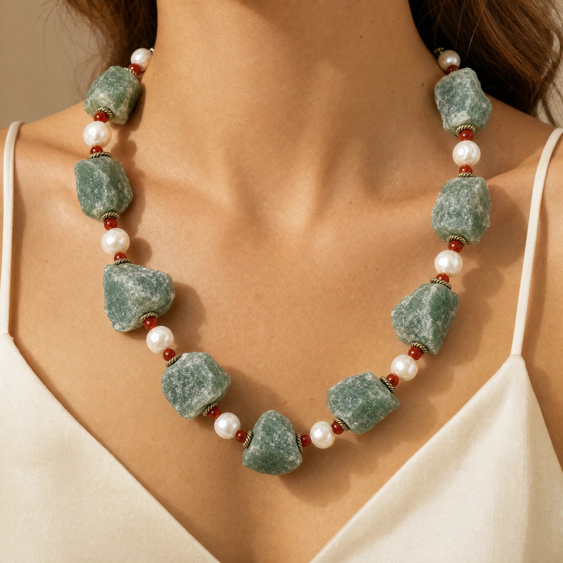 Raw Green Chalcedony Pearl Statement Necklace - Model Wearing