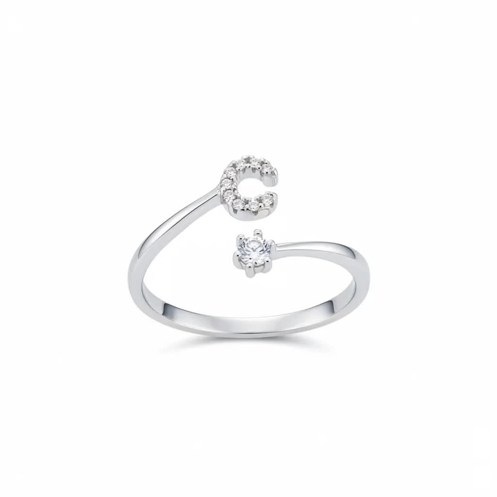 Diamond Initial Letter Silver Ring
