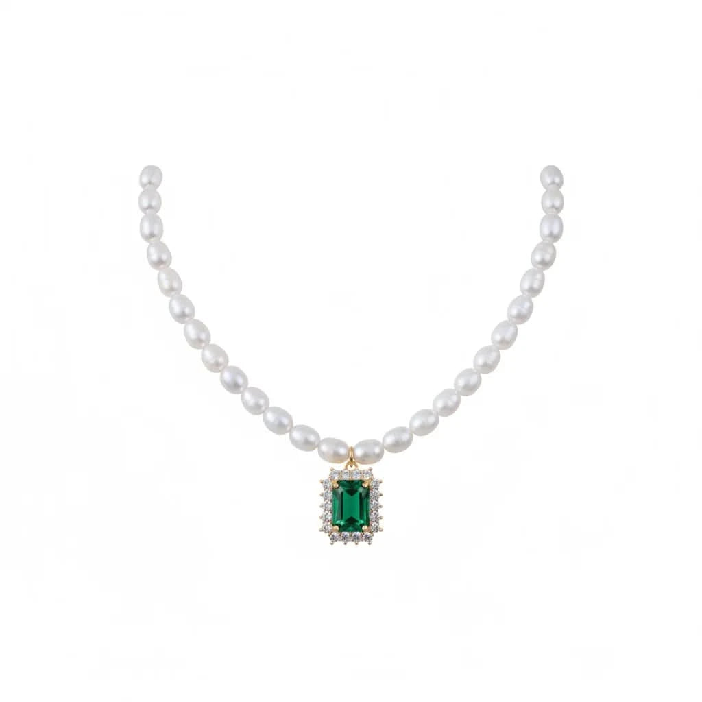 Choker Pearl Necklace Emerald Green Crystal Pendant