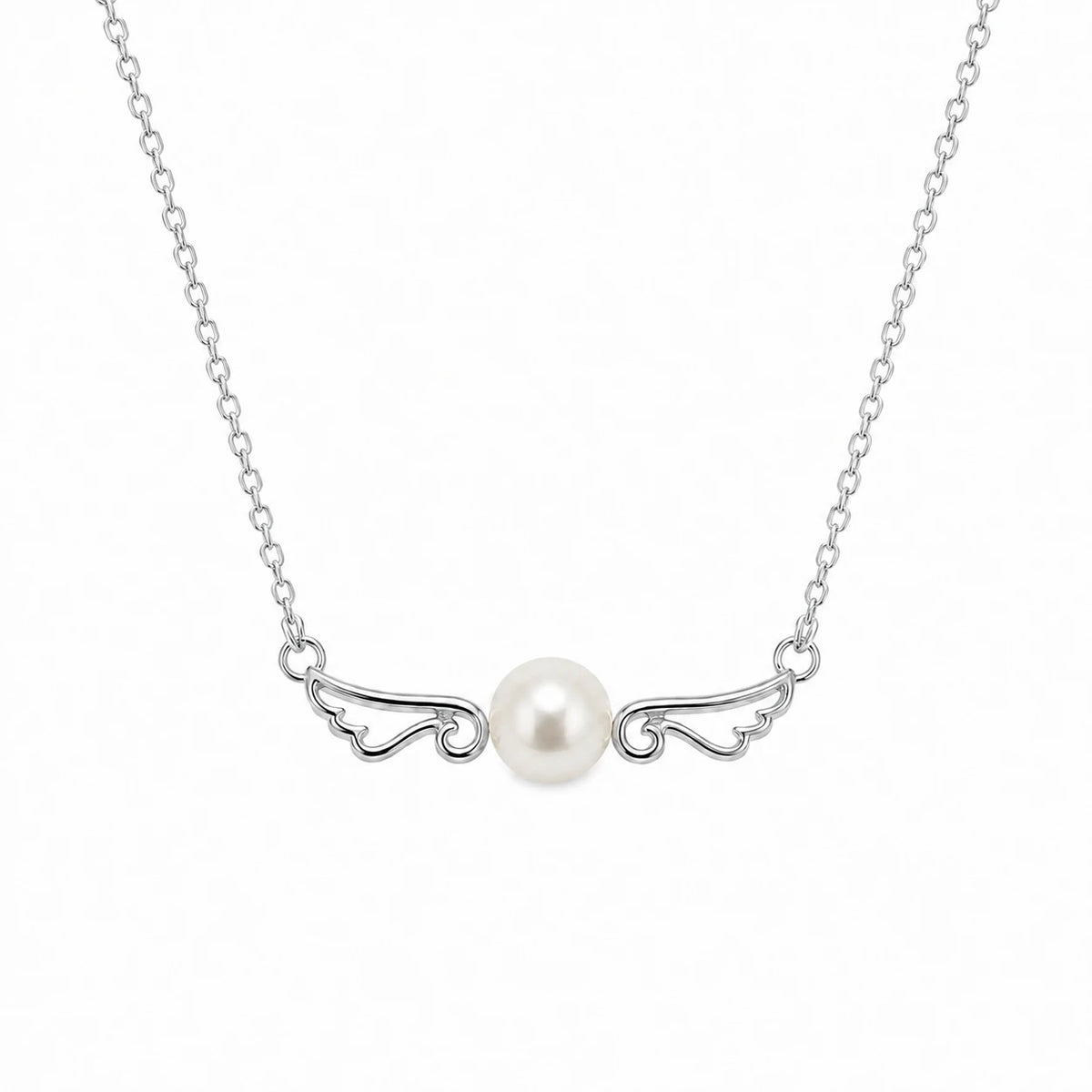 Silver-tone angel wing pearl necklace with a white pearl centrepiece