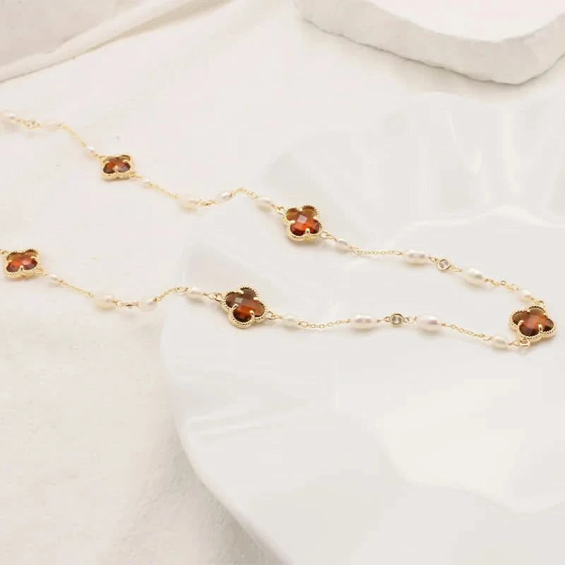 Clover Crystal Freshwater Pearl Long Necklace