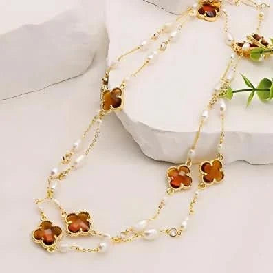 Clover Crystal Freshwater Pearl Long Necklace