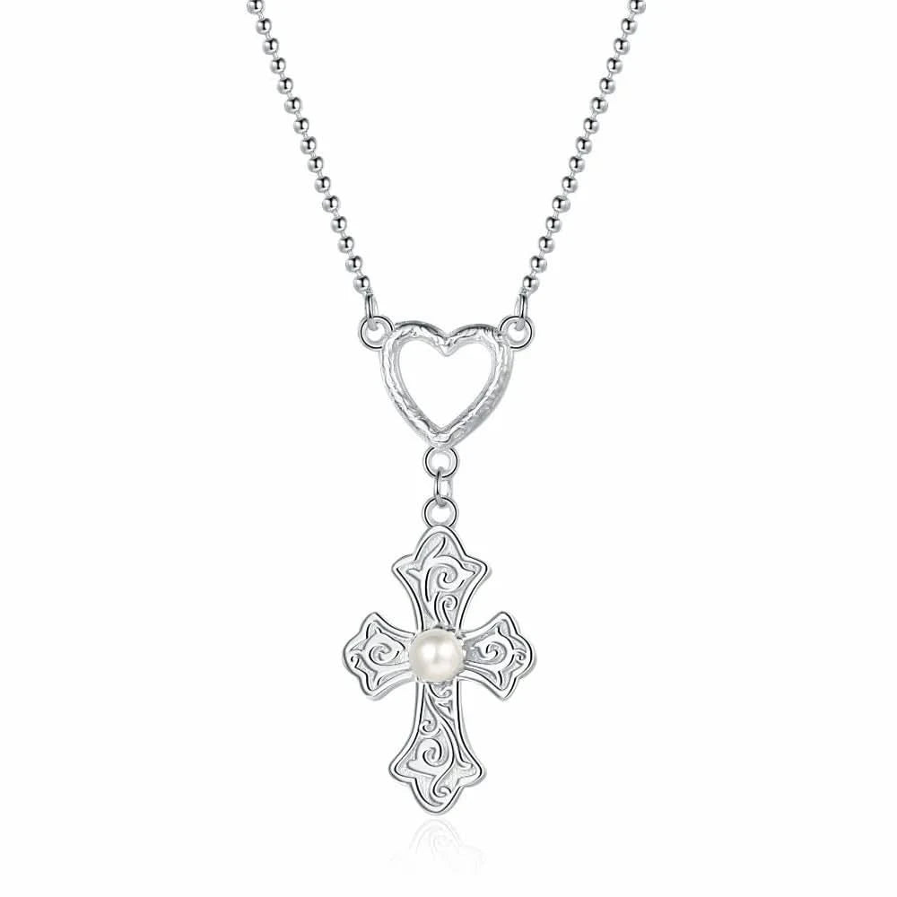 Cross Heart Pendant Silver Necklace