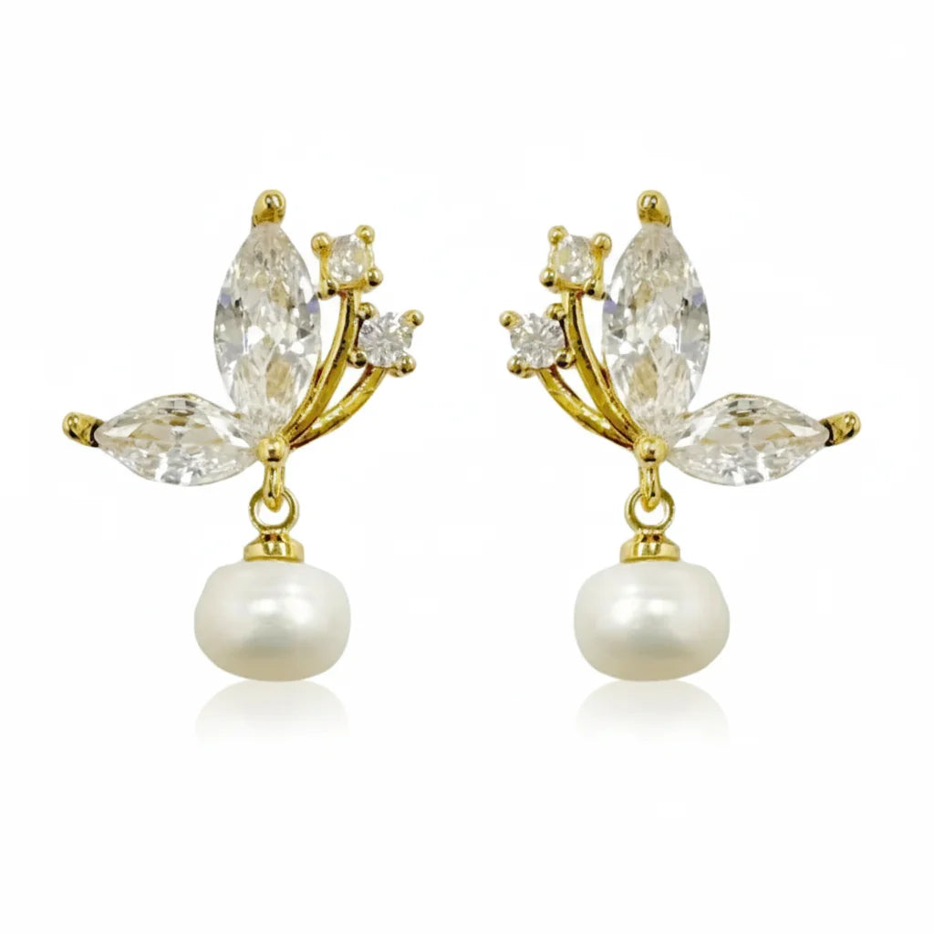 Crystal Butterfly Pearl Drop Stud Earrings