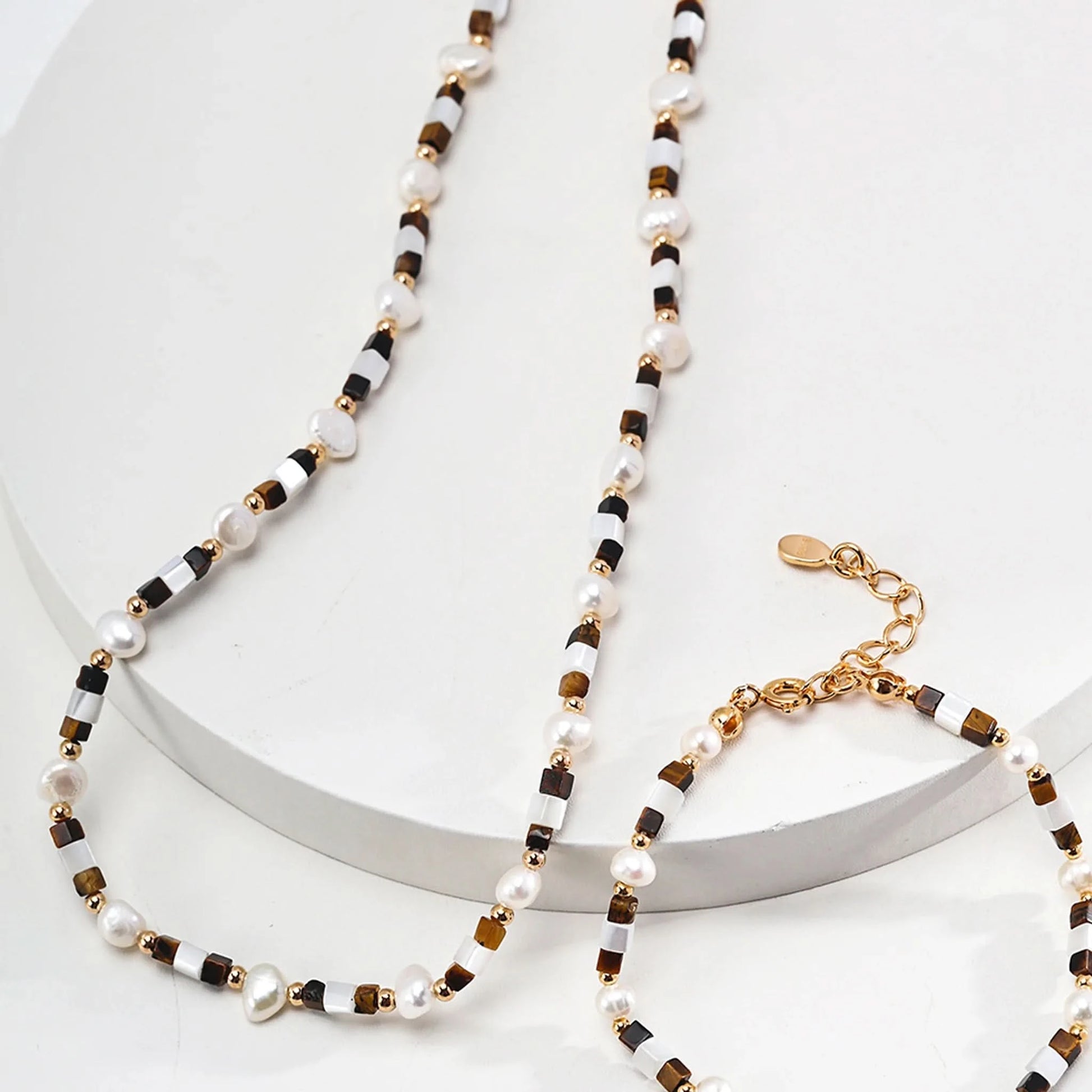 Tiger eye gemstone pearl beaded necklace