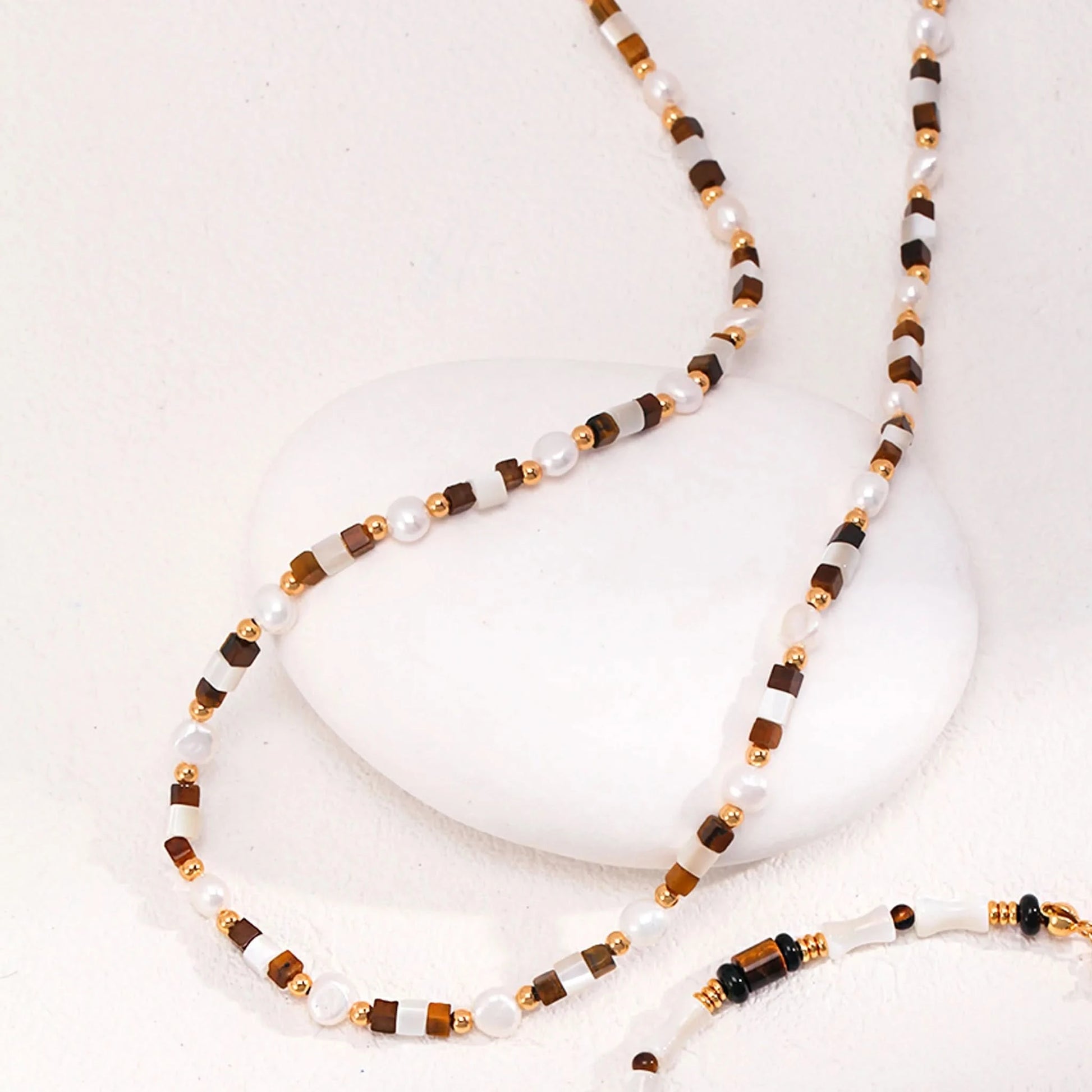 Tiger eye gemstone pearl beaded necklace