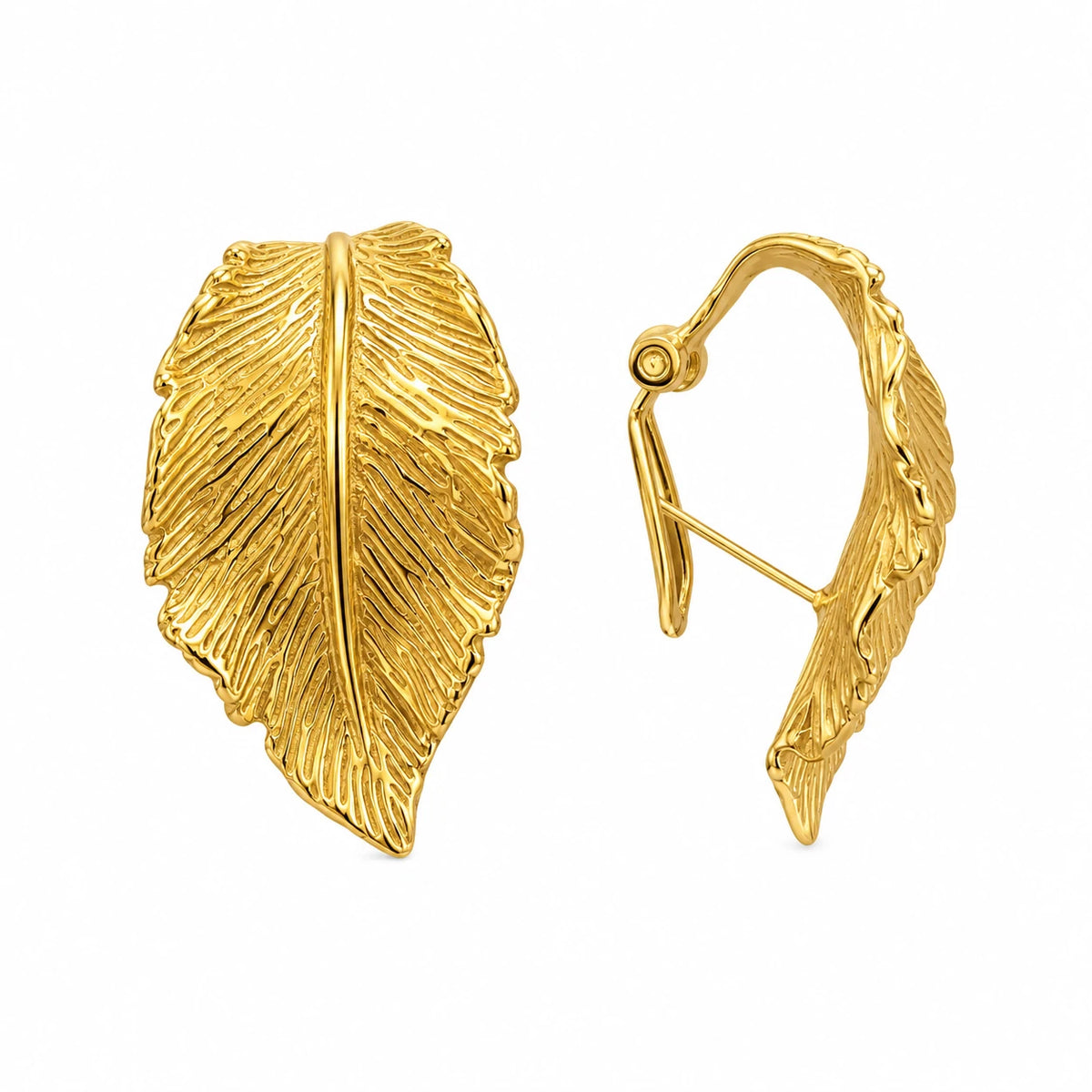 Close-up of engraved leaf veins and curved gold-plated sterling silver earring