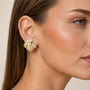 Model wearing gold-tone freshwater pearl crystal fan stud earrings
