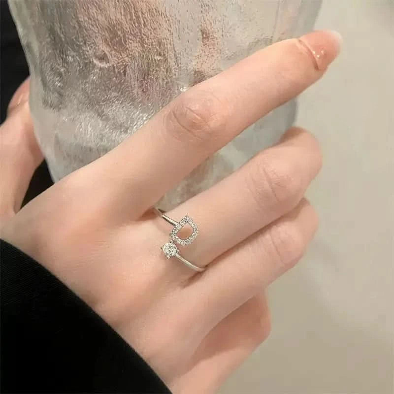 Diamond Initial Letter Silver Ring