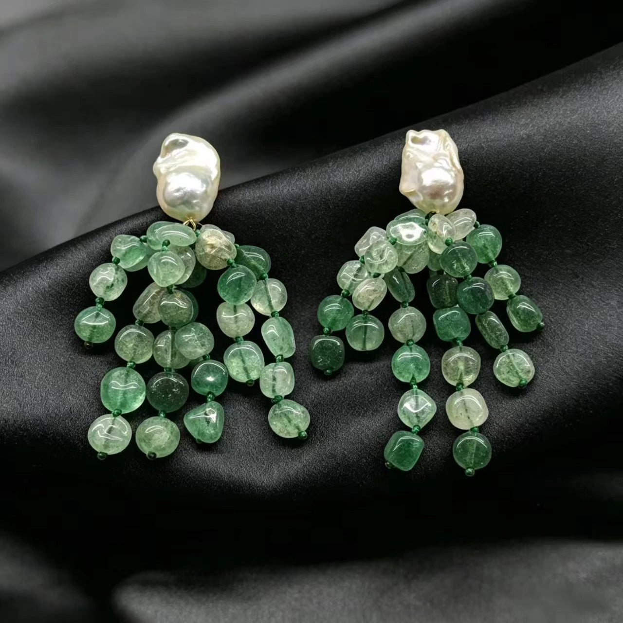Prehnite Cluster Baroque Pearl Drop Earrings - Lifestyle