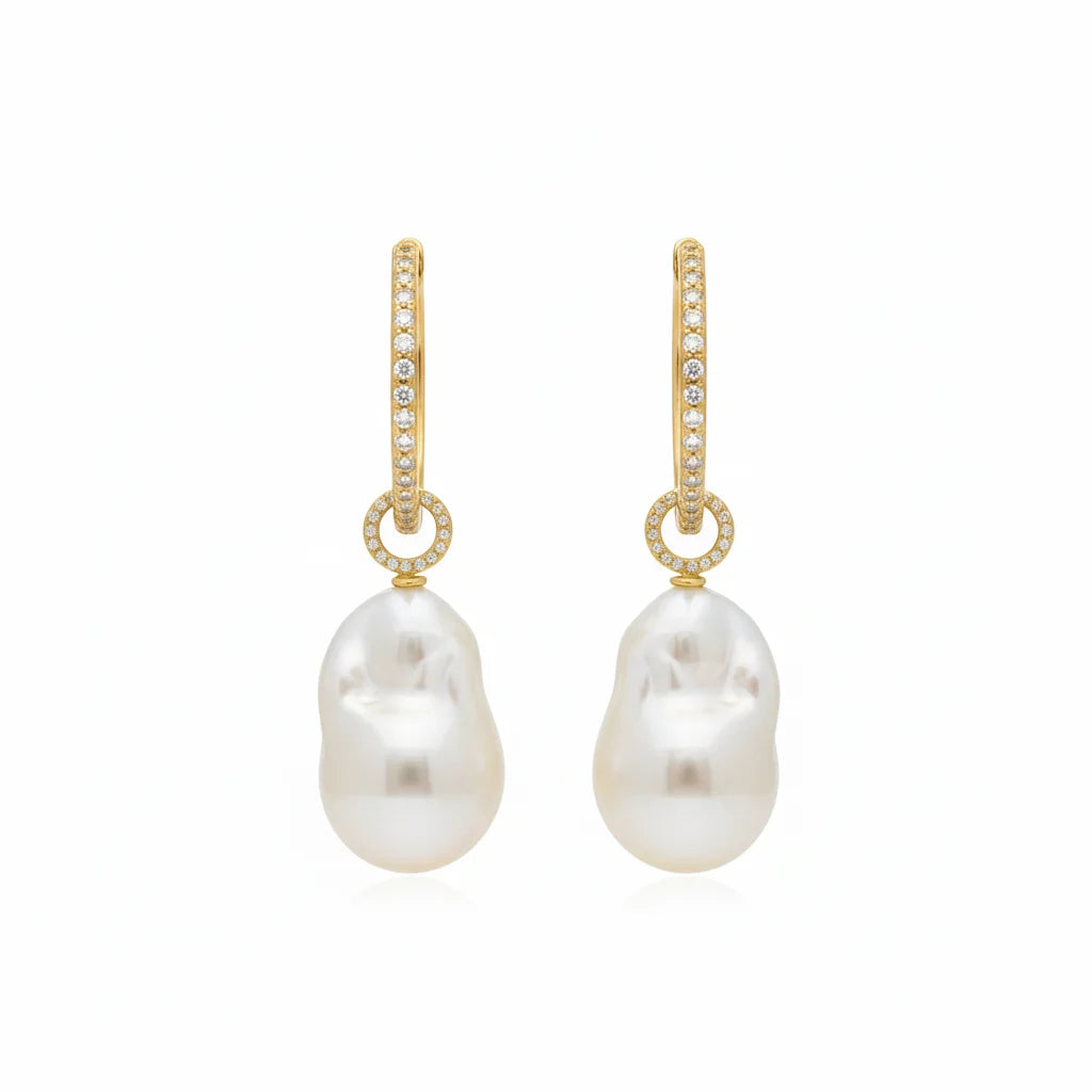 Detachable Diamond Huggie Baroque Pearl Earrings