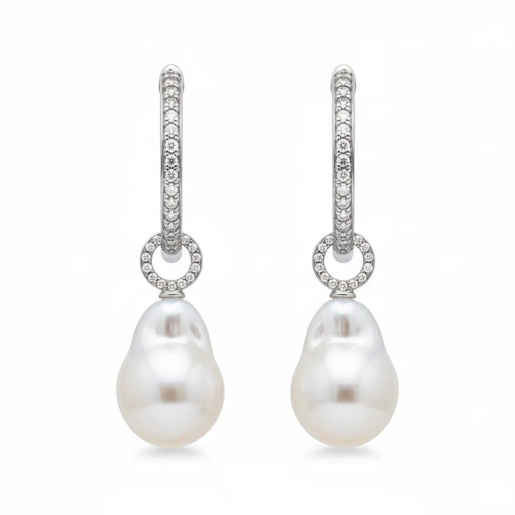 Detachable Diamond Huggie Baroque Pearl Earrings