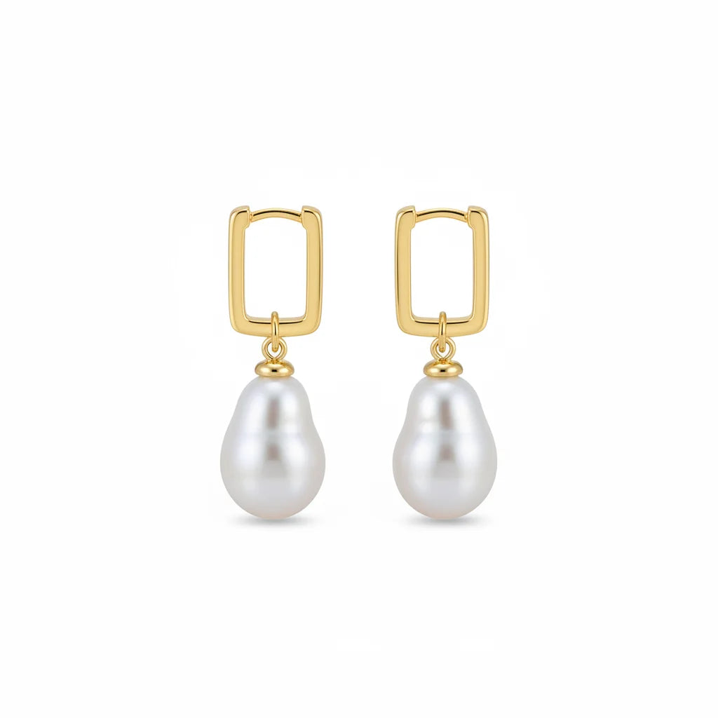 Detachable Square Hoop Baroque Pearl Earrings