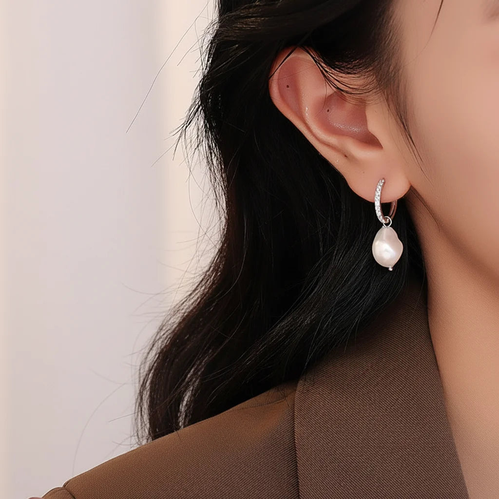 Detachable Diamond Huggie Baroque Pearl Earrings