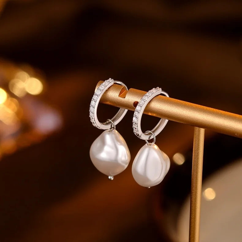 Detachable Diamond Huggie Baroque Pearl Earrings