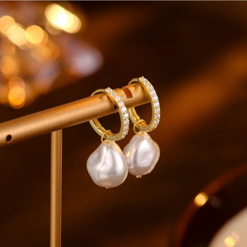 Detachable Diamond Huggie Baroque Pearl Earrings