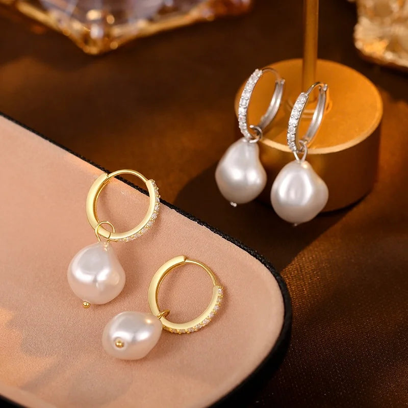 Detachable Diamond Huggie Baroque Pearl Earrings