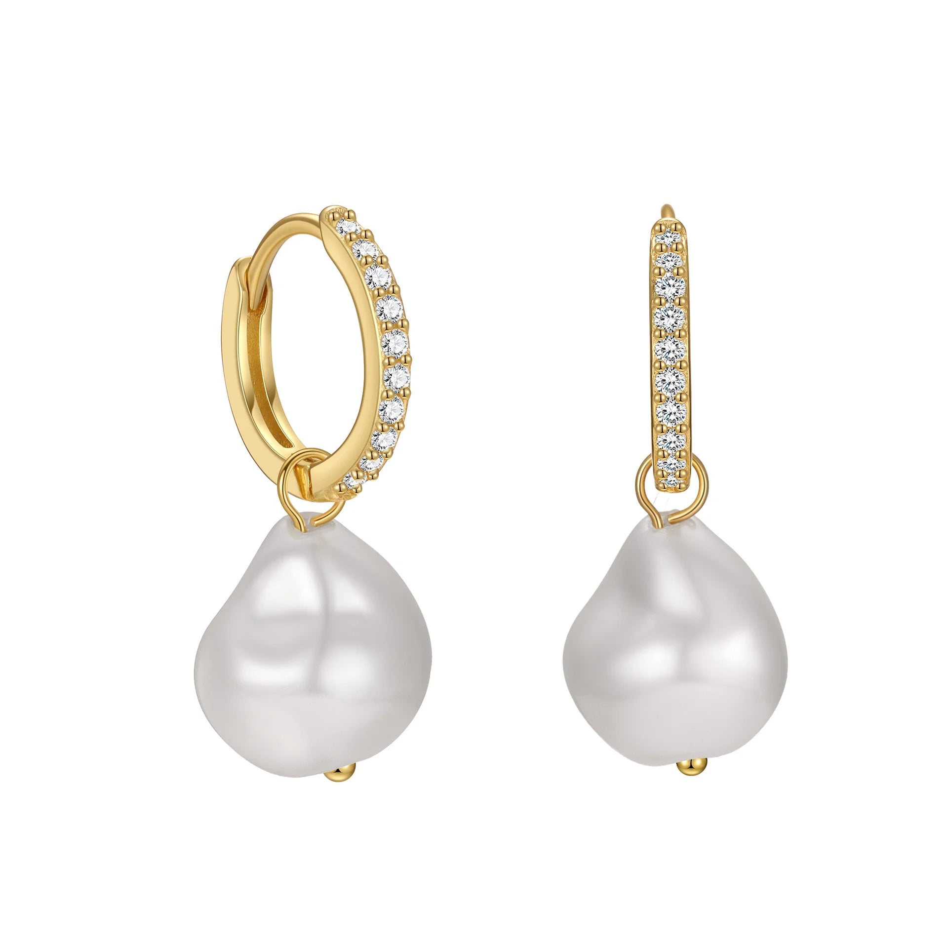 Detachable Diamond Huggie Baroque Pearl Earrings