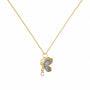 Gold-tone butterfly pendant necklace with blue stones and pearl-style drop