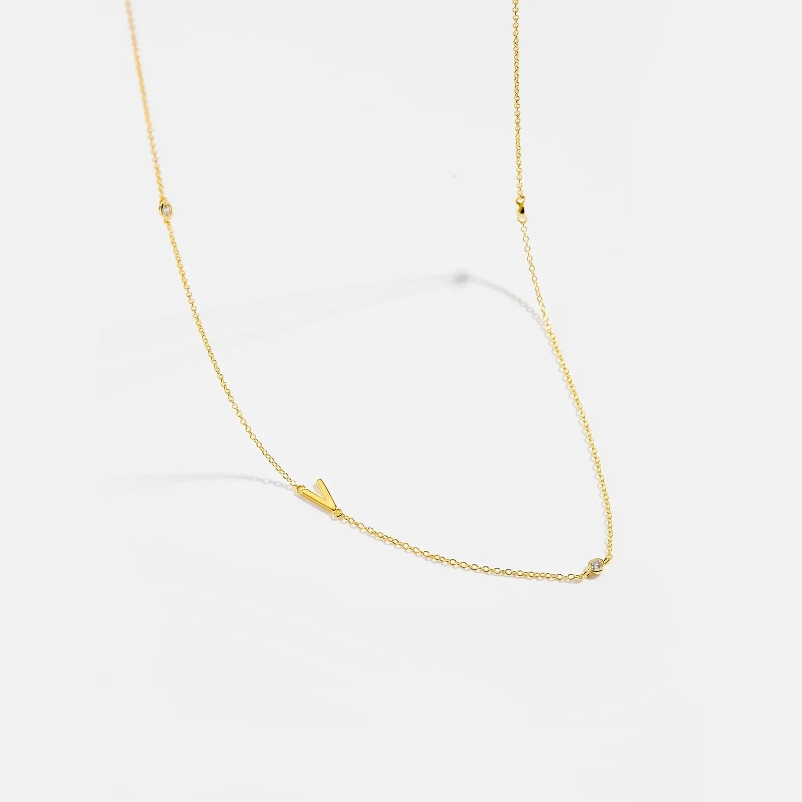 Diamond Initial Letter Gold Necklace-V