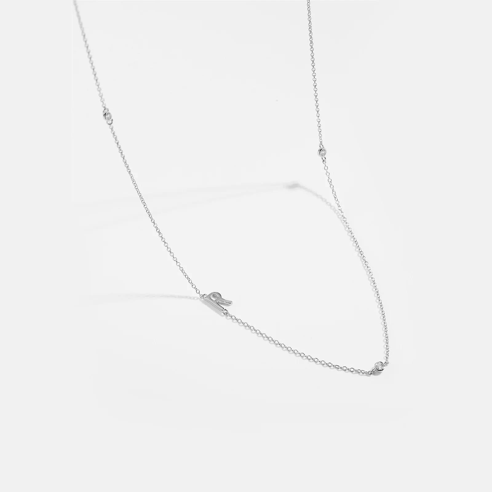 Diamond Initial Letter Silver Necklace-R