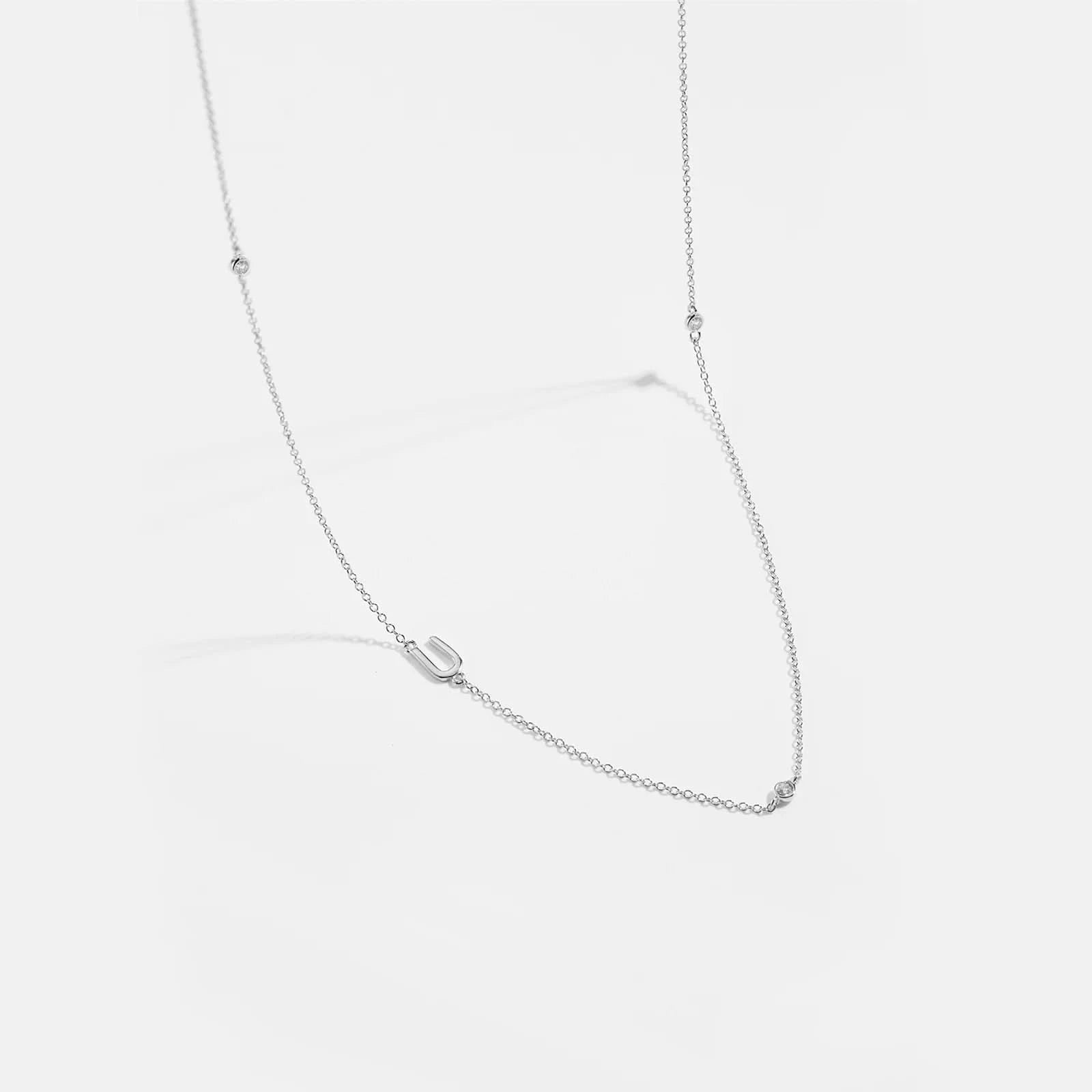 Diamond Initial Letter Silver Necklace-U