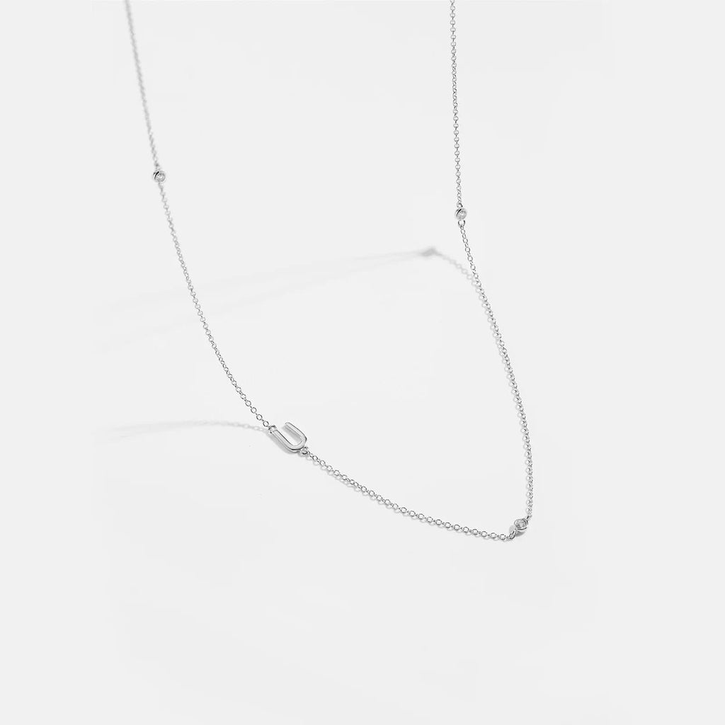 Diamond Initial Letter Silver Necklace-U