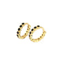 Gold hoop earrings with black stones on a white background