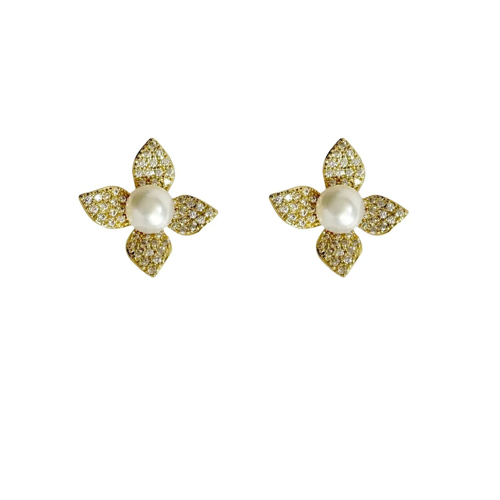 Diamonds Flower Pearl Stud Earrings