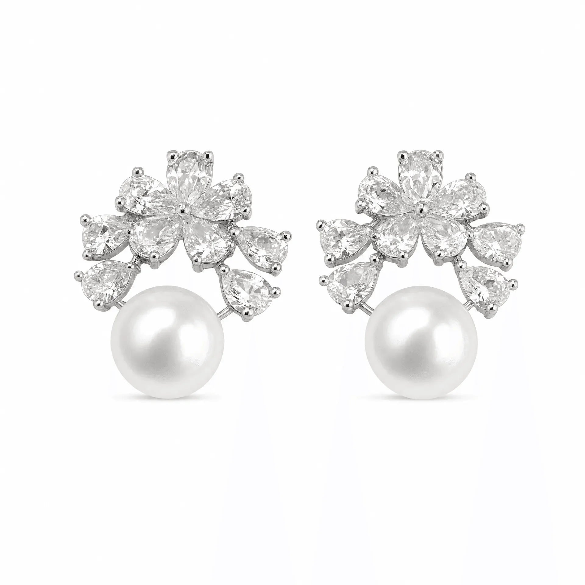 Silver-tone freshwater pearl earrings with marquise zircon petals and S925 silver posts