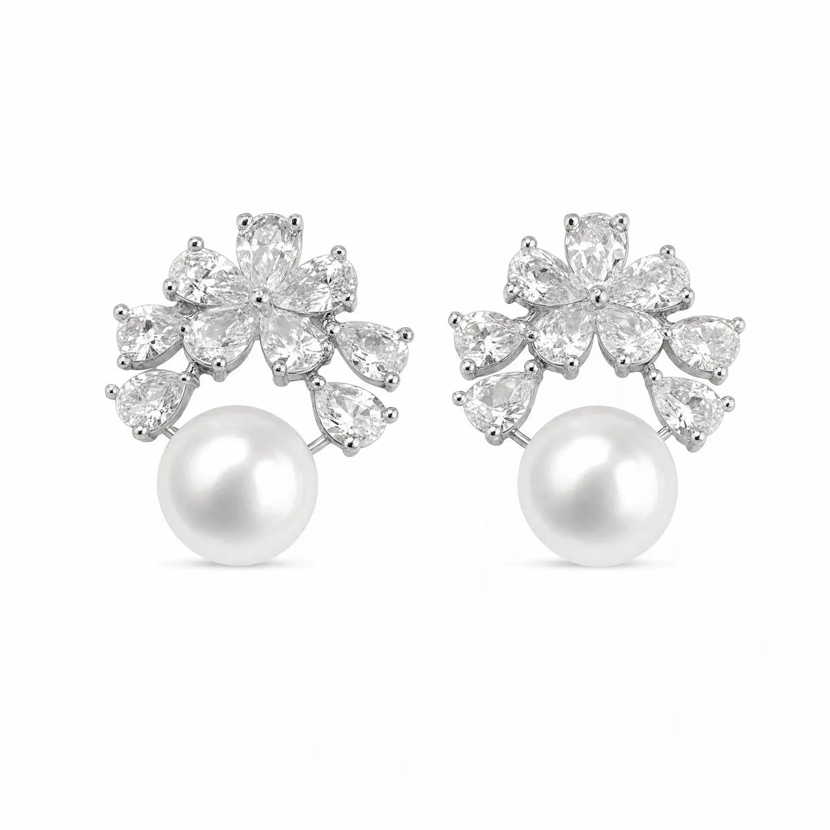 Silver-tone freshwater pearl earrings with marquise zircon petals and S925 silver posts