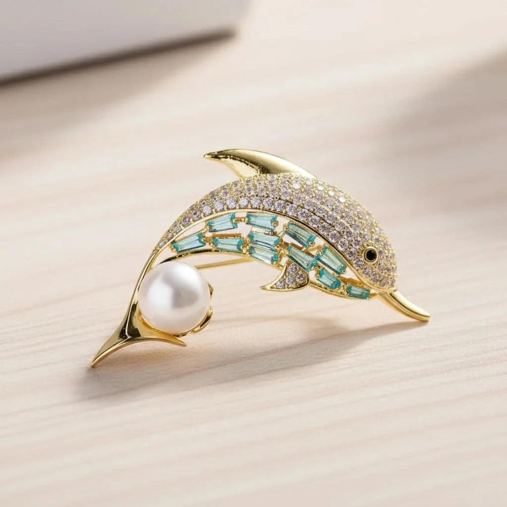 Dolphin Pearl Crystal Brooch