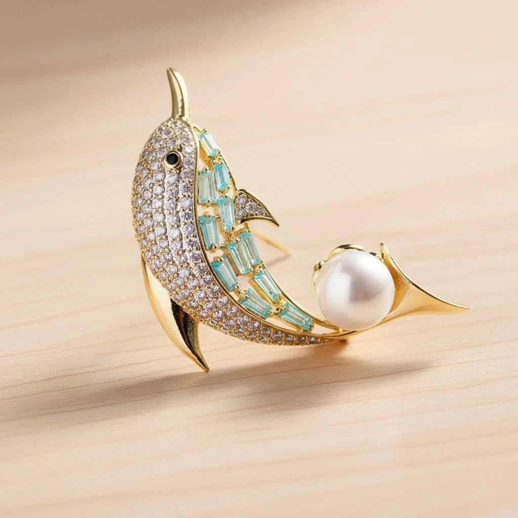 Dolphin Pearl Crystal Brooch