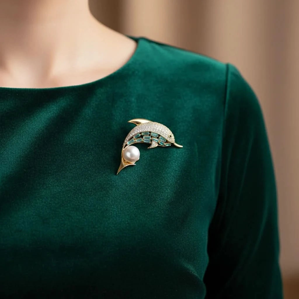 Dolphin Pearl Crystal Brooch