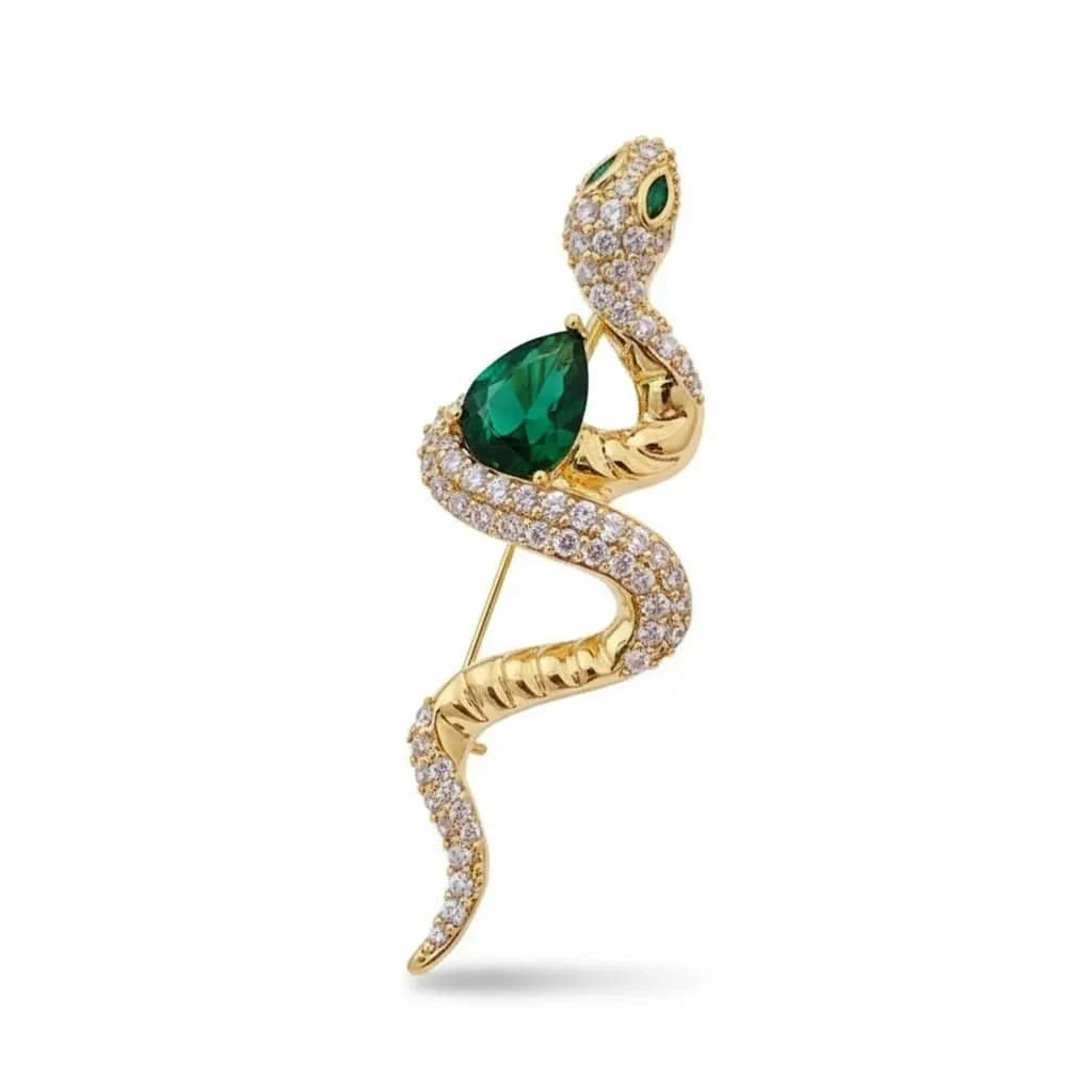 Elegant Green Diamond Snake Brooch