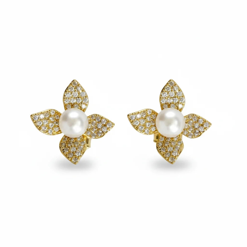 Diamonds Flower Pearl Stud Earrings