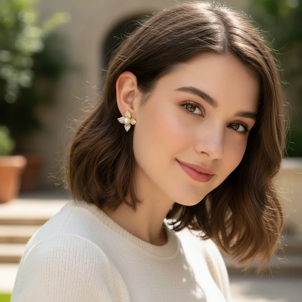 Diamonds Flower Pearl Stud Earrings